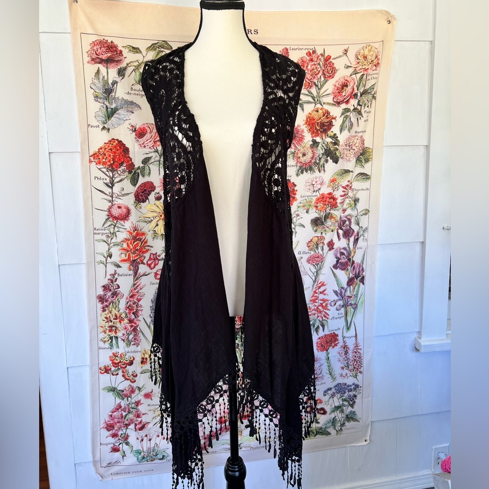 Embroidered lace black open vest with fringe. Made by Fashion on Earth.